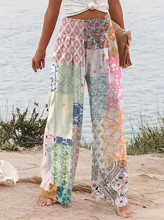 Chic Patchwork Wide Leg Pants Flowy Vacation Style - LustMia