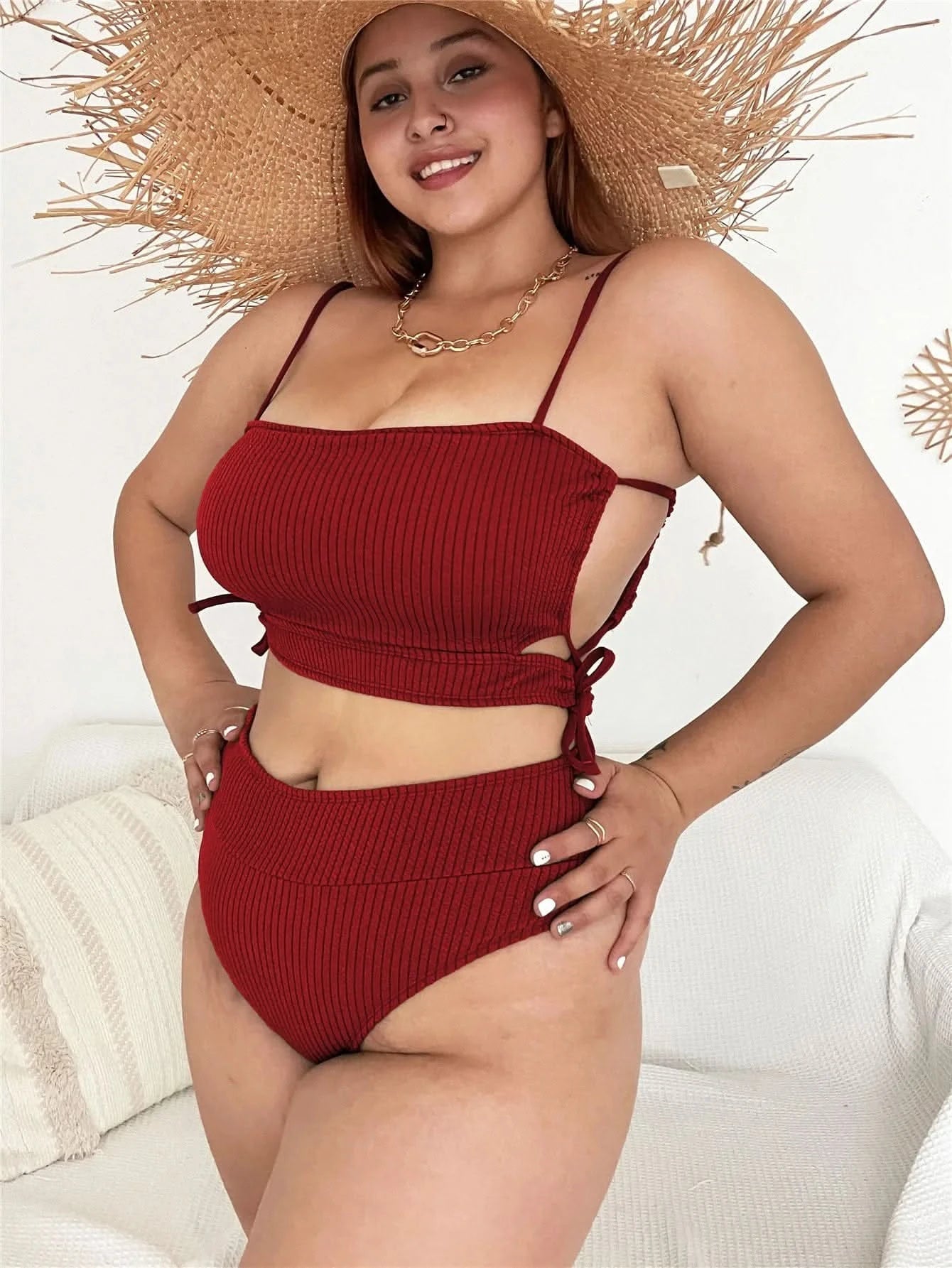 Women Plus Size Bikini Solid Color Bikini Two Piece High Waist Bikini Swimsuit Swimwear Gather Bikini Swimming Beach - LustMia