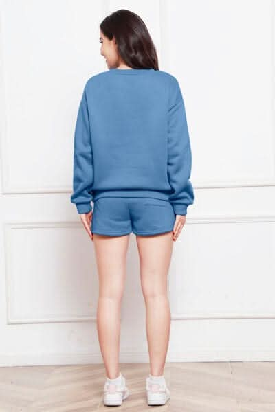 Round Neck Long Sleeve Sweatshirt and Drawstring Shorts Set - LustMia