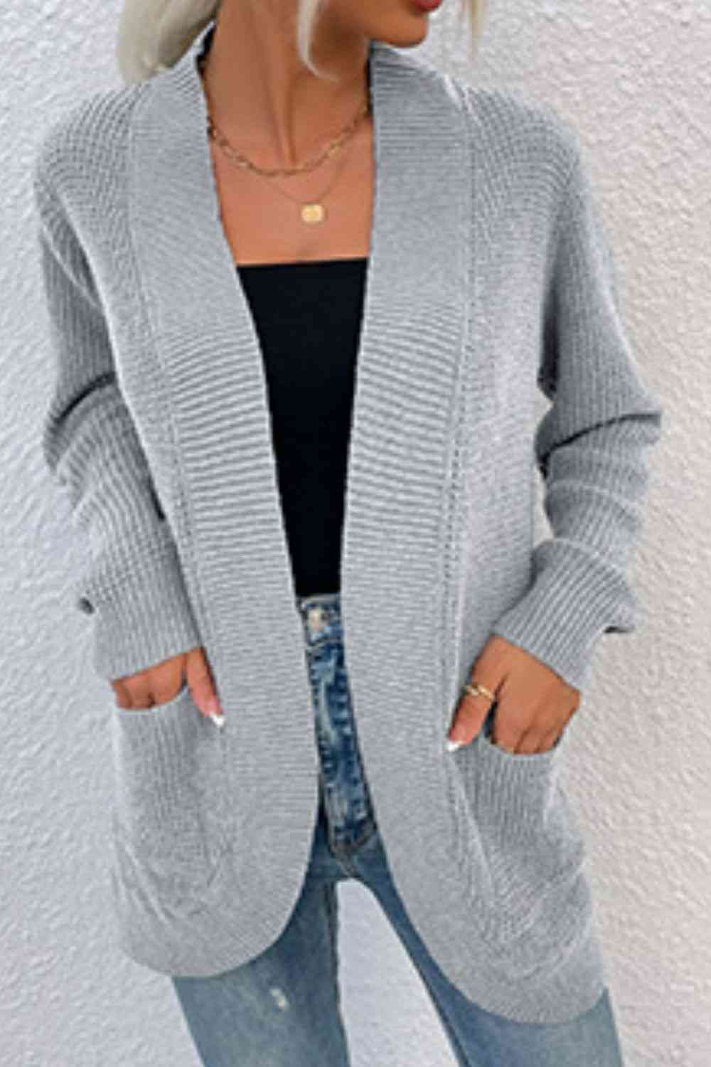 Open Front Rib - Knit Cardigan with Pockets - LustMia