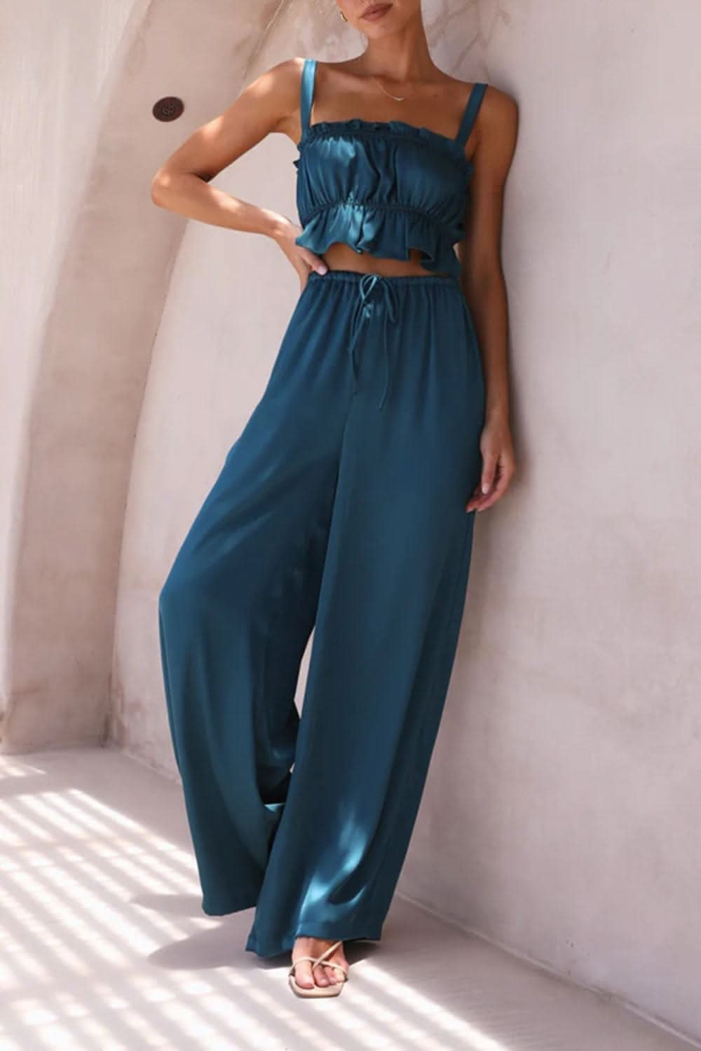 Ruffled Sleeveless Top and Wide Leg Pants Set - By Lustmia - LustMia