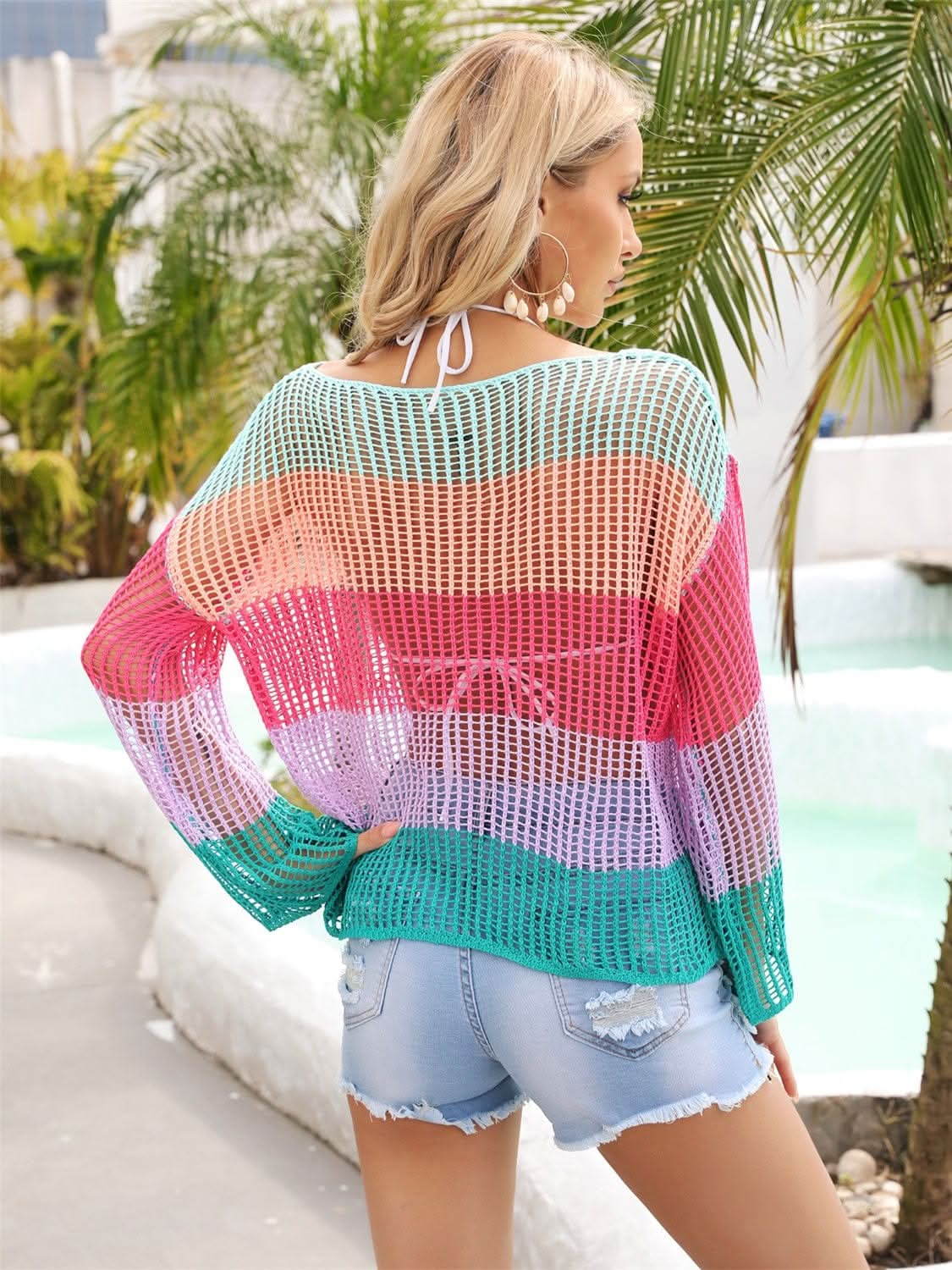 Color Block Openwork Boat Neck Cover Up - LustMia