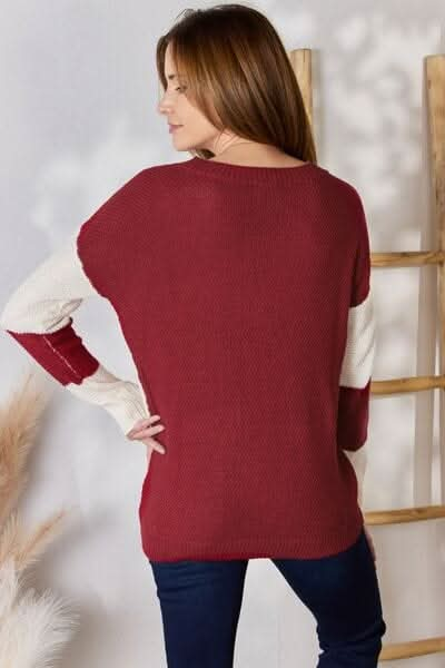 Hailey & Co Full Size Color Block Dropped Shoulder Knit Top - LustMia