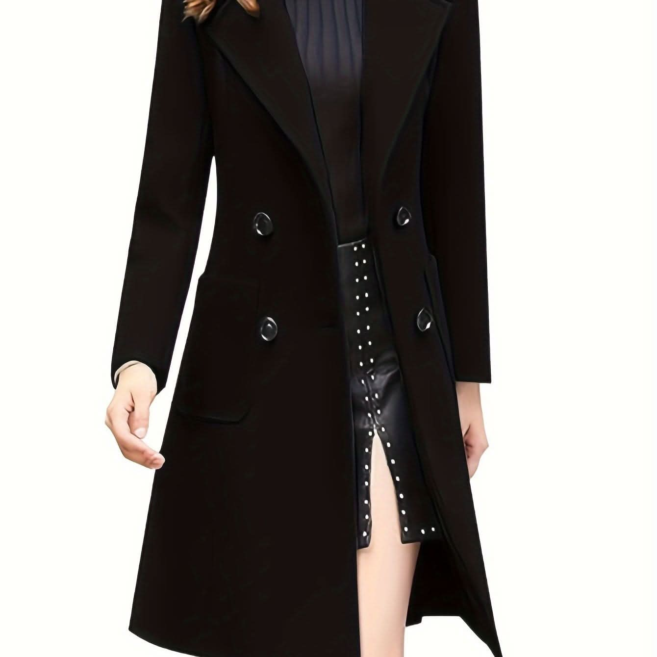 Women Winter Mid - Long Coat Notch Double - Breasted Lapel Jacket Outwear - LustMia