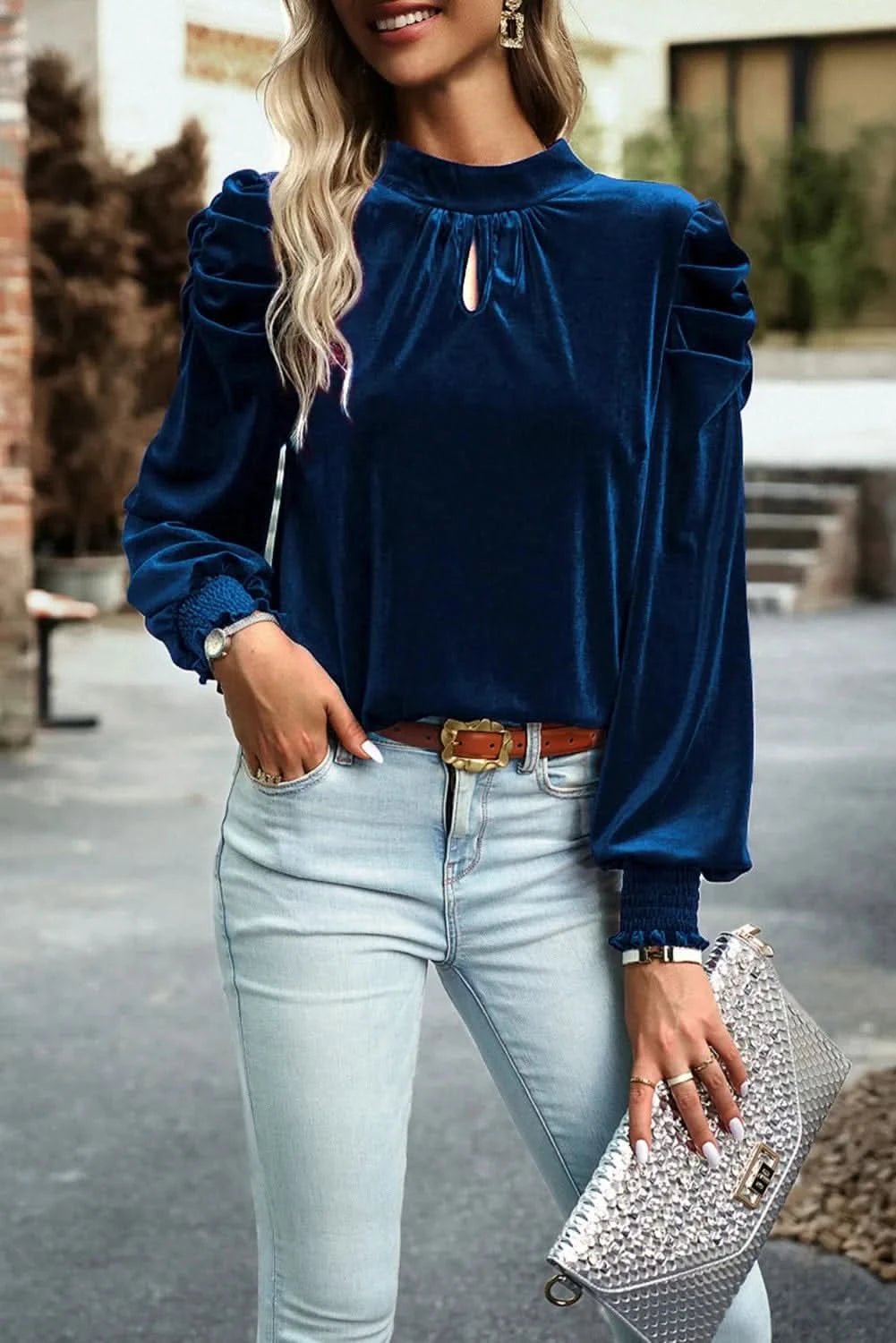 Tie Up Mock Neck Velvet Fabric Long Sleeve Blouse - LustMia