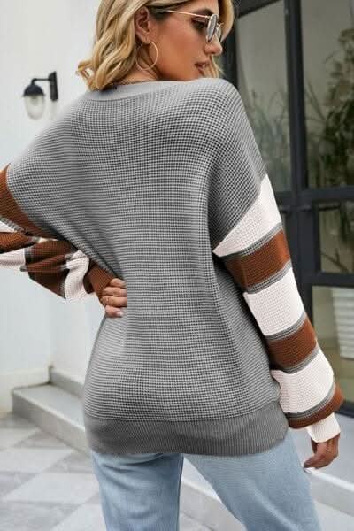 Color Block V - Neck Dropped Shoulder Sweater - LustMia