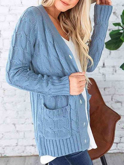 Cable - Knit Buttoned Cardigan with Pockets - LustMia