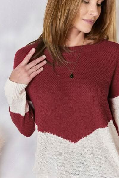 Hailey & Co Full Size Color Block Dropped Shoulder Knit Top - LustMia