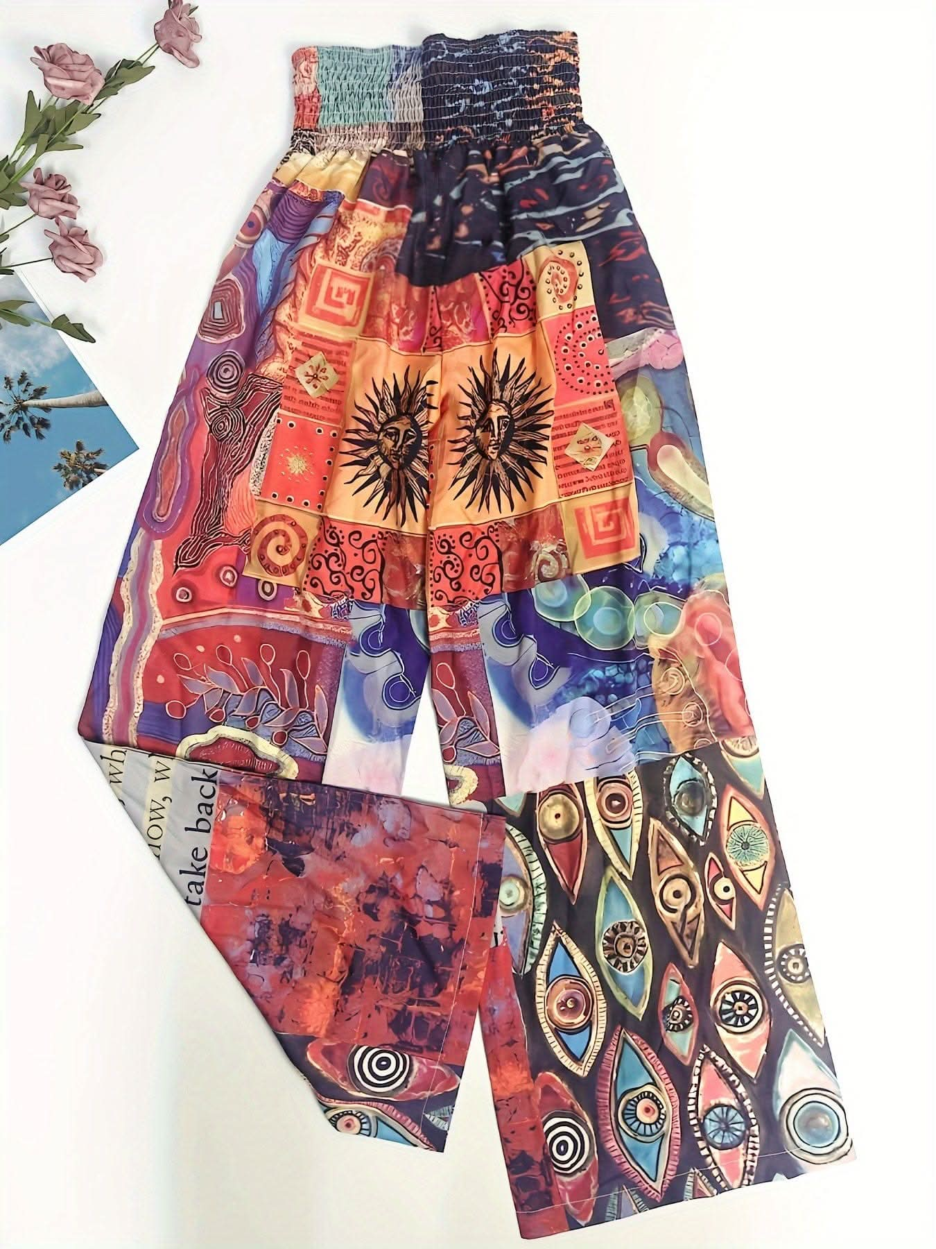 Chic Patchwork Wide Leg Pants Flowy Vacation Style - LustMia