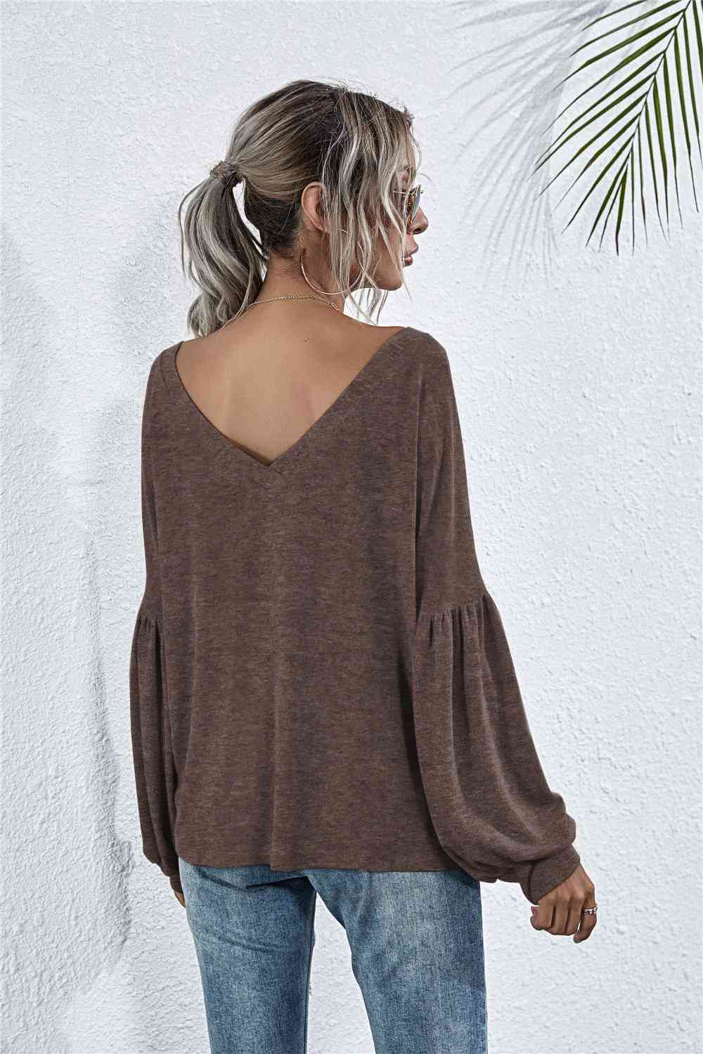 V - Neck Long Sleeve Dropped Shoulder Knit Top - LustMia