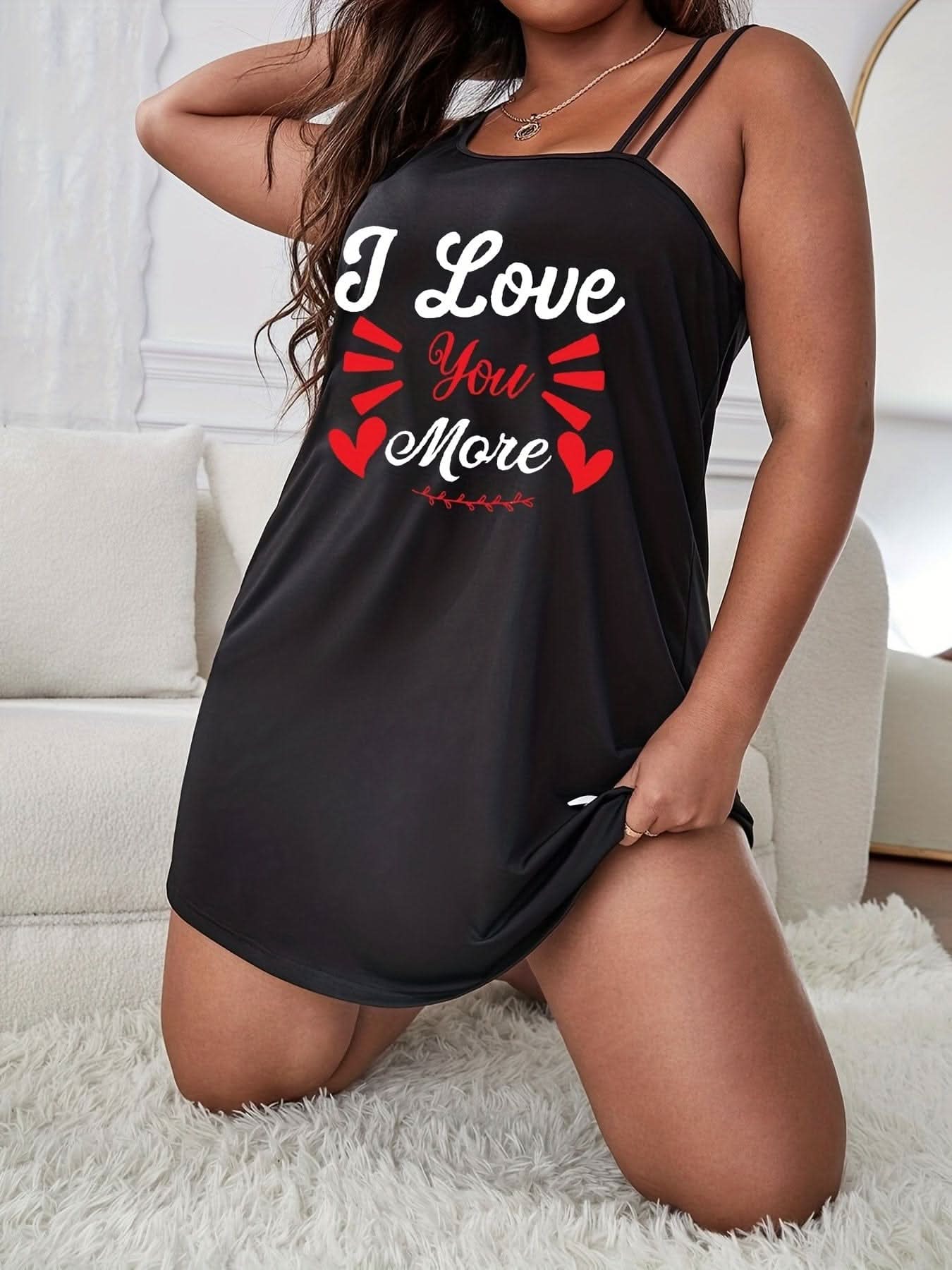 Plus Size Sexy Nightdress, Women's Plus Letter & Heart Print Asymmetric Cold Shoulder Cami Sleep Dress - LustMia