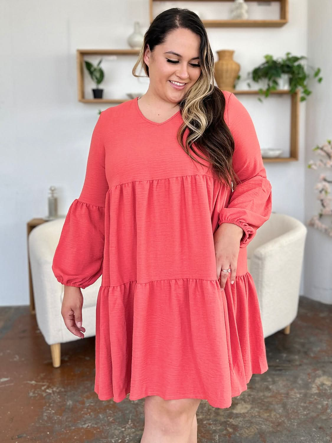 Double Take Full Size V - Neck Balloon Sleeve Tiered Dress - LustMia