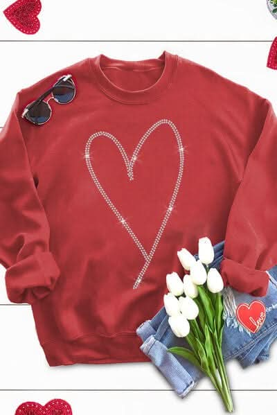 Heart Round Neck Long Sleeve Sweatshirt - LustMia