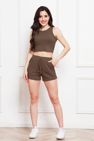 Round Neck Tank and Drawstring Shorts Set - LustMia