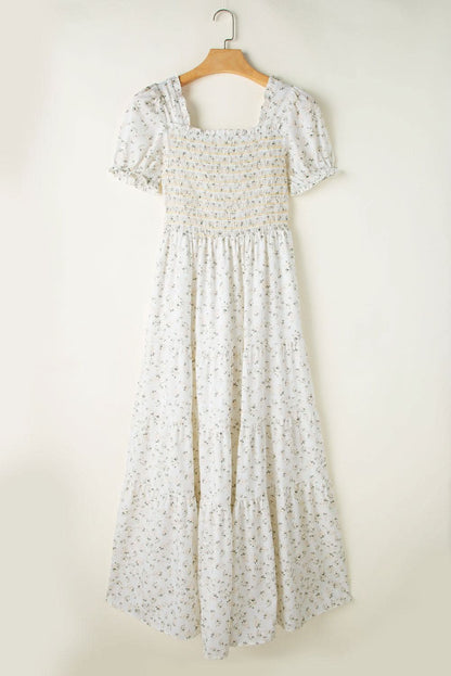 White Tiered Floral Maxi Dress - LustMia