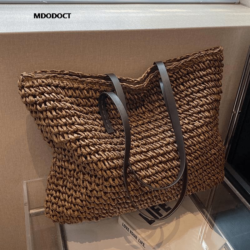 1pc Straw Woven Tote Bag (18.9''x14.17''/48cm*36cm), Luxury Handbag, Large Capacity Fashion Beach Shoulder Bag, Casual Summer Shopping - LustMia