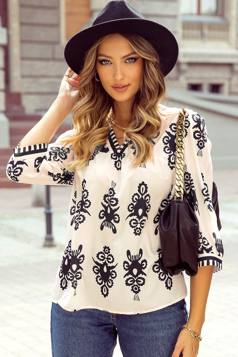 Beige Vintage Geometric Printed 3/4 Sleeve V Neck Blouse - LustMia