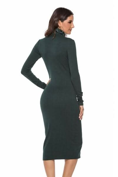 Ribbed Turtleneck Long Sleeve Dress - LustMia