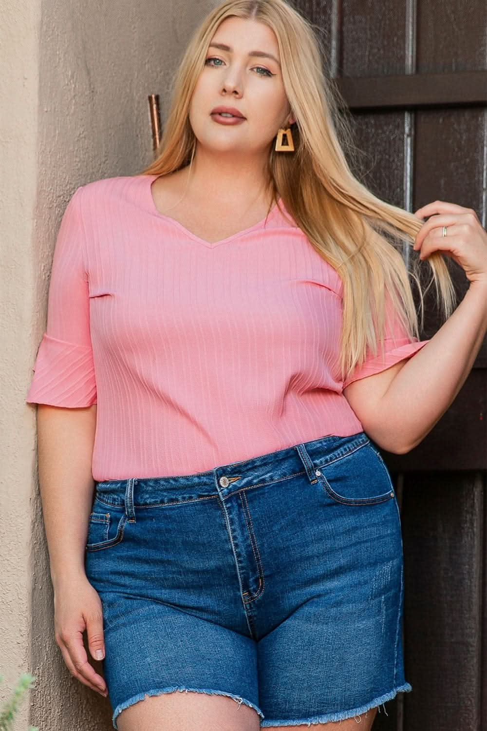 Plus Size V - Neck Half Sleeve Blouse - LustMia