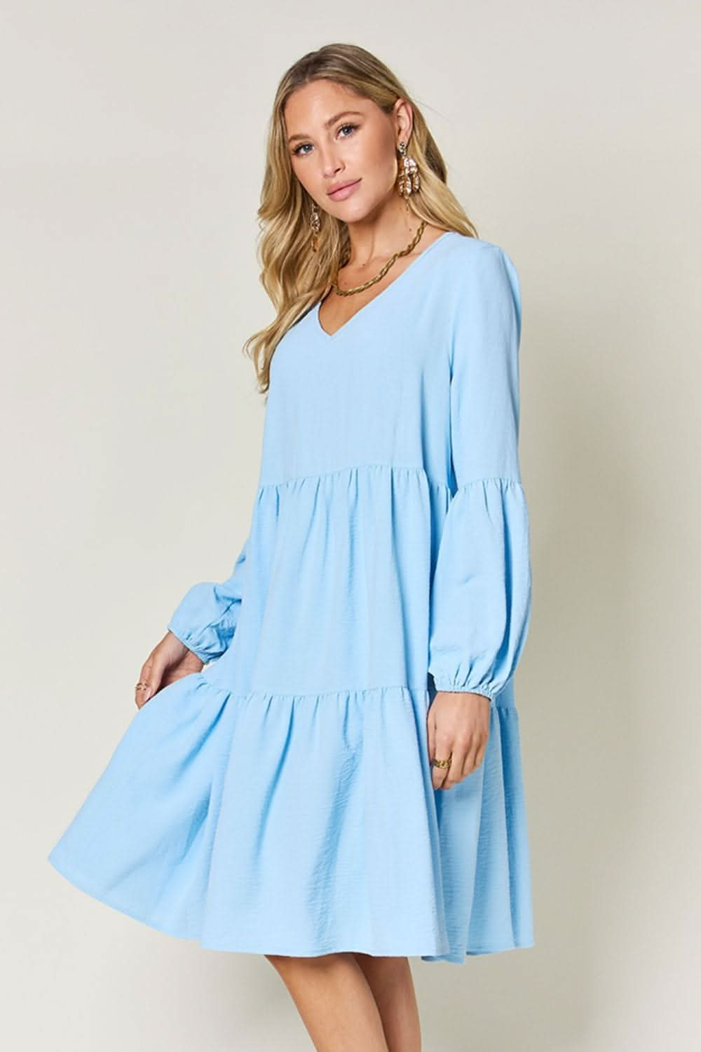 Double Take Full Size V - Neck Balloon Sleeve Tiered Dress - LustMia