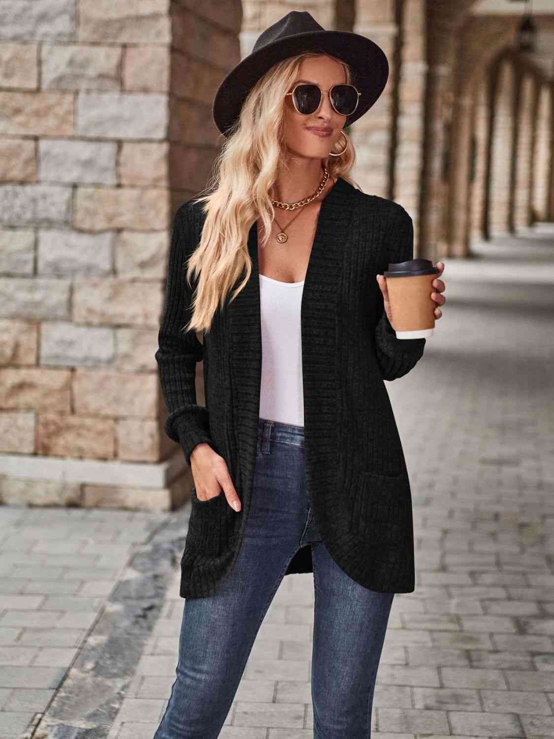 Open Front Cardigan with Pockets - LustMia