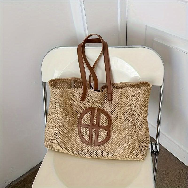 Fashion Beach Tote Bag For Women, With Contrast Design, Chic Shoulder Handbag, Casual Summer Straw Bag - LustMia