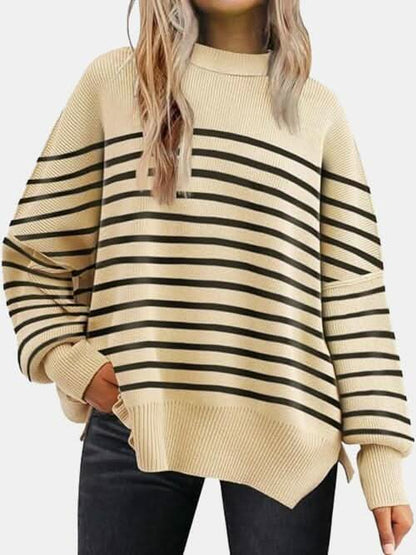 Round Neck Drop Shoulder Slit Sweater - LustMia