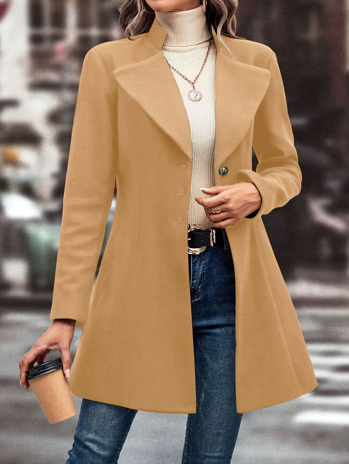 Elegant Womens Single Button Lapel Knit Overcoat - LustMia