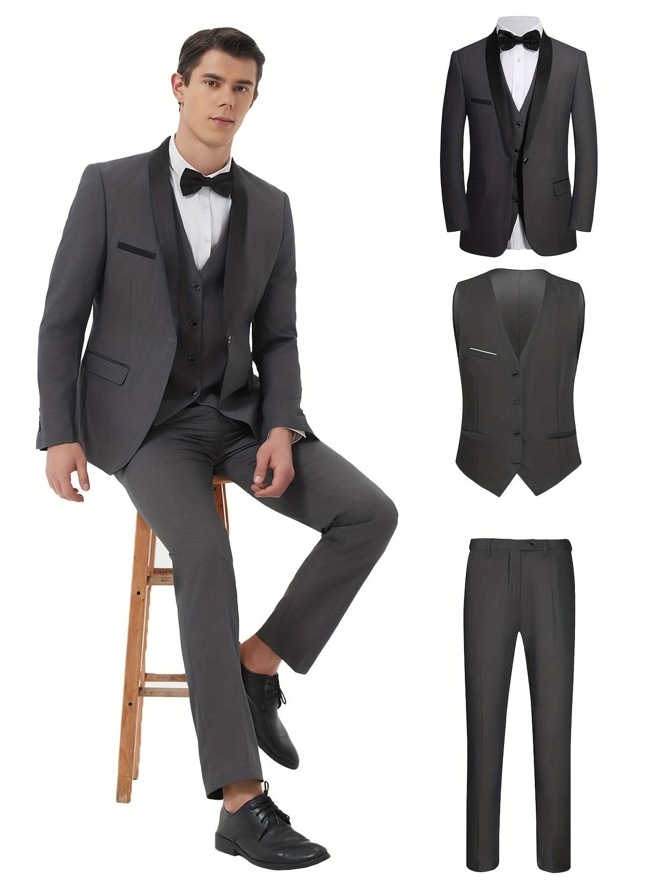 Elegant 3Piece Mens Tuxedo Set Jacket Vest Pants - LustMia