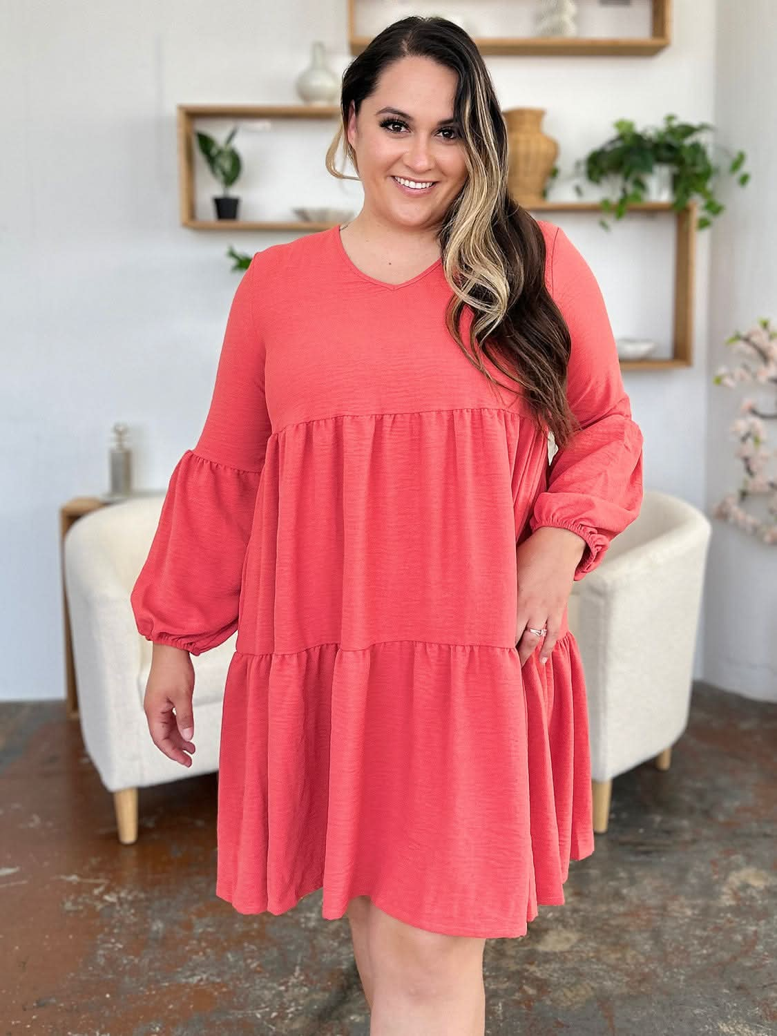 Double Take Full Size V - Neck Balloon Sleeve Tiered Dress - LustMia