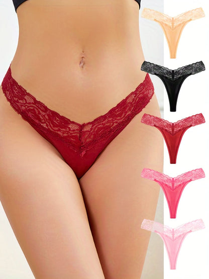 5pcs Lace Stitching Thongs, Sexy Low Waist Semi - Sheer Thong Panties, Women's Lingerie & Underwear - LustMia