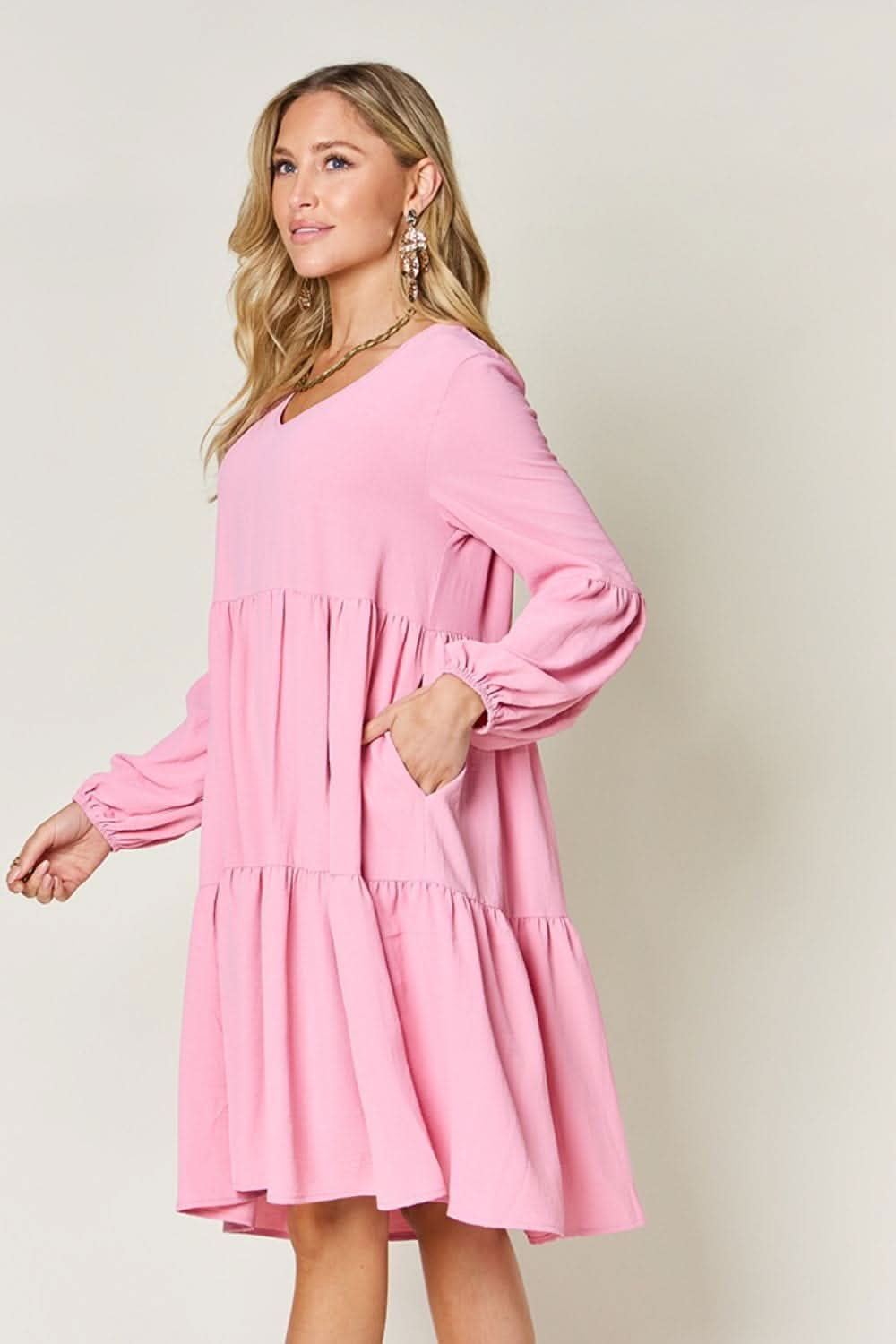 Double Take Full Size V - Neck Balloon Sleeve Tiered Dress - LustMia