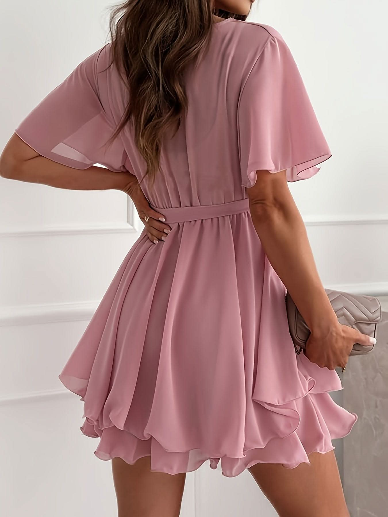 Elegant VNeck Ruffle Hem Chiffon Dress with Belt - By Lustmia - LustMia