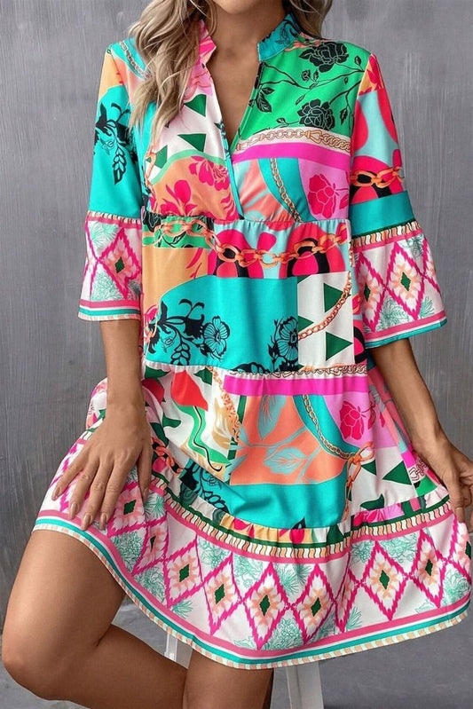 Printed Surplice Half Sleeve Mini Dress - LustMia