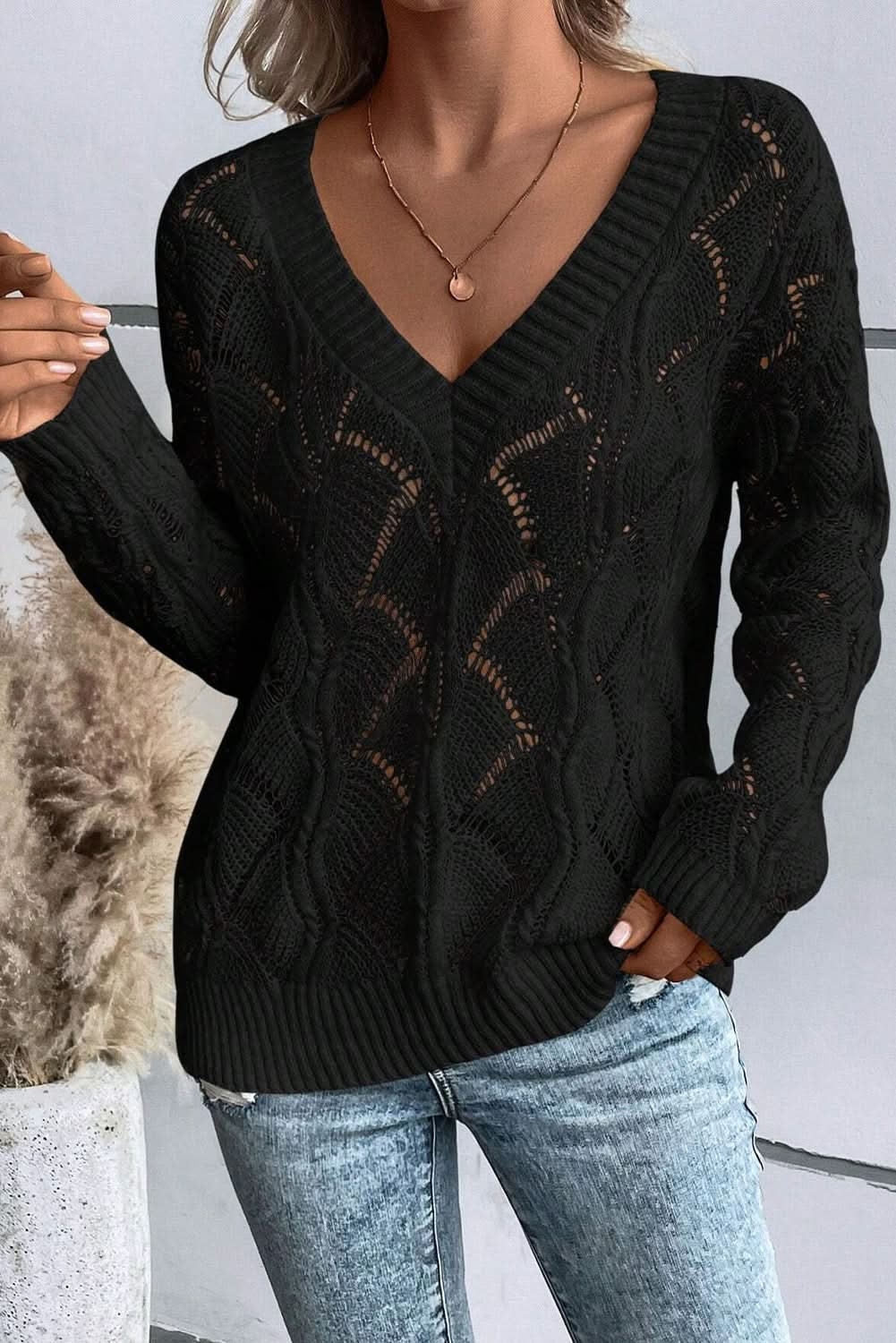 Black Hollow Out Knit V Neck Drop Shoulder Sweater - LustMia