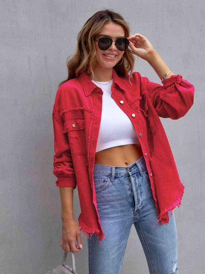 Distressed Drop Shoulder Denim Jacket - LustMia