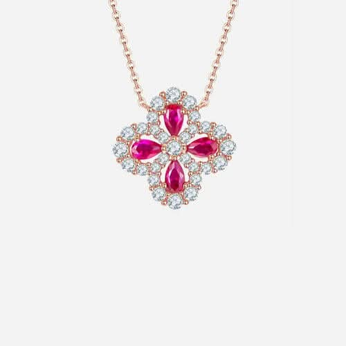 Lab - Grown Ruby 925 Sterling Silver Flower Shape Necklace - LustMia