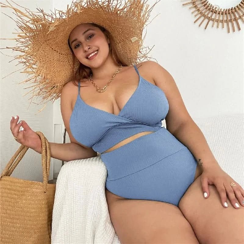 Women Plus Size Bikini Solid Color Bikini Two Piece High Waist Bikini Swimsuit Swimwear Gather Bikini Swimming Beach - LustMia