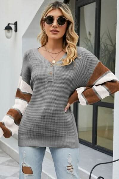 Color Block V - Neck Dropped Shoulder Sweater - LustMia