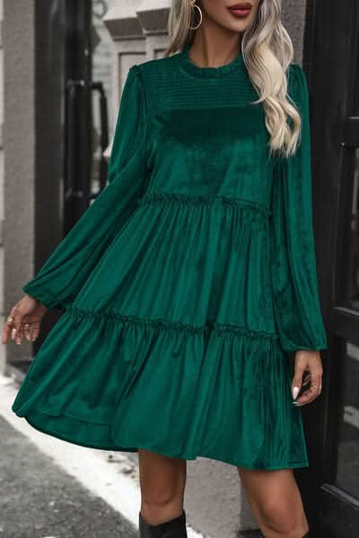 Smocked Balloon Sleeve Frill Trim Tiered Dress - LustMia