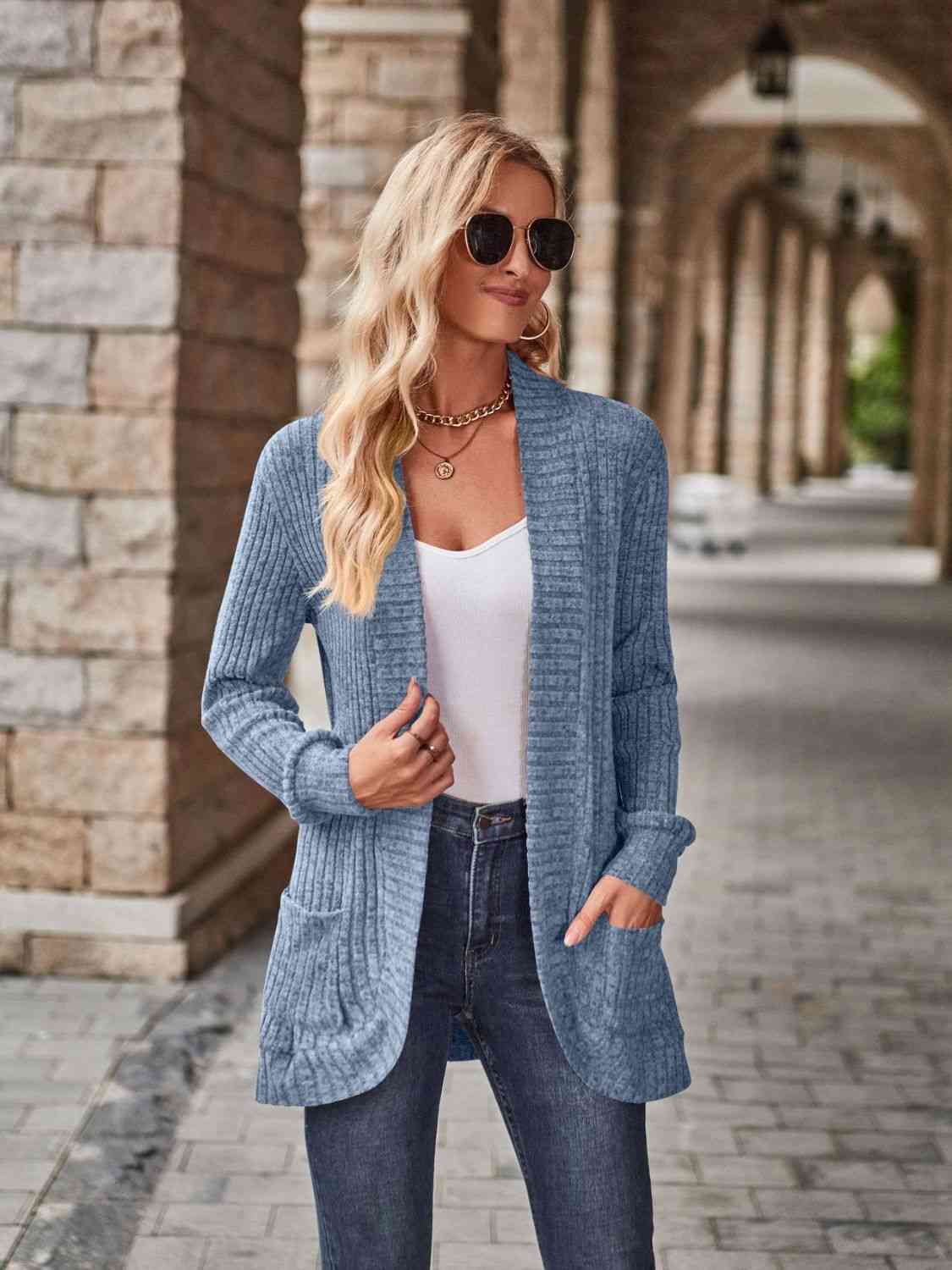 Open Front Cardigan with Pockets - LustMia