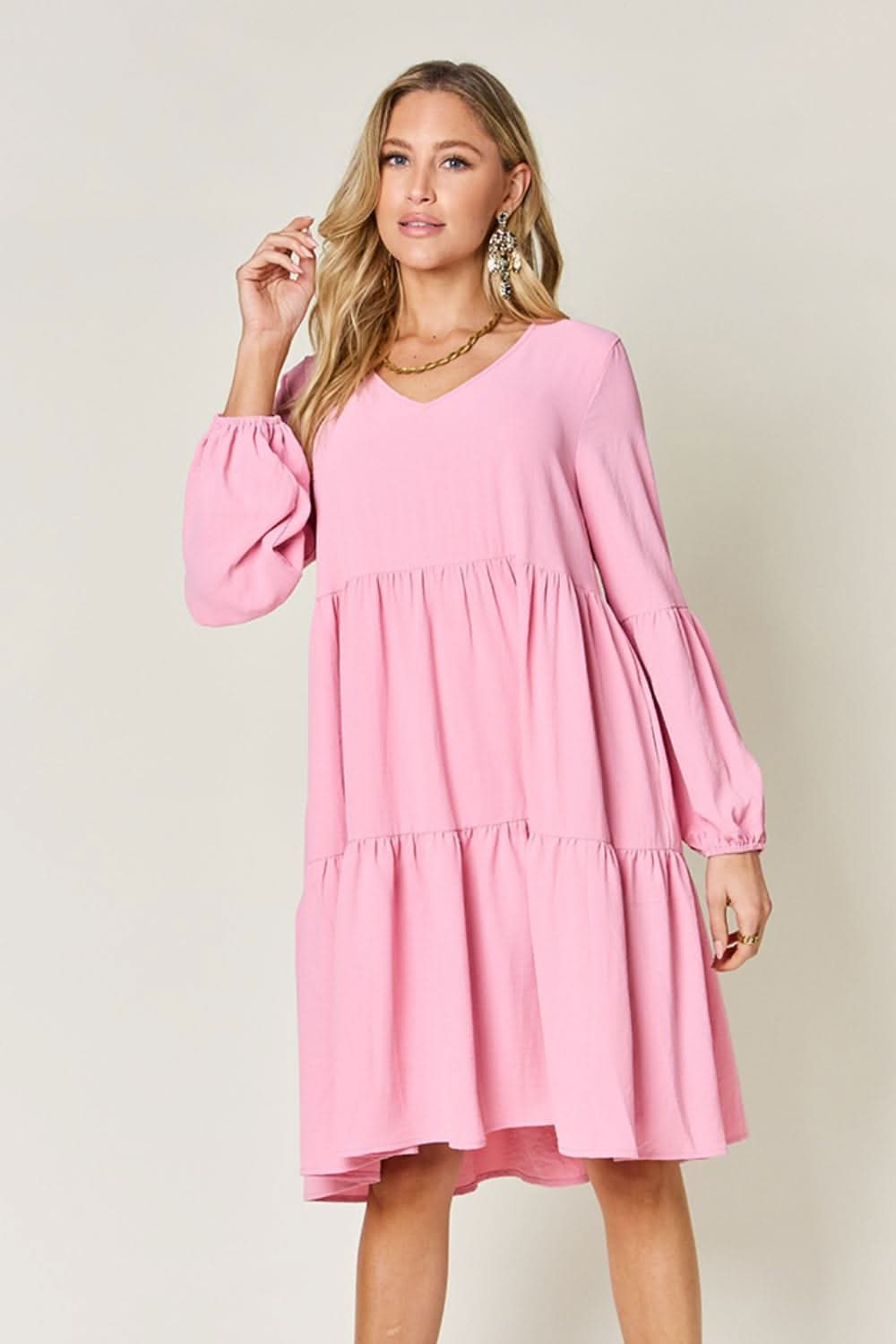 Double Take Full Size V - Neck Balloon Sleeve Tiered Dress - LustMia