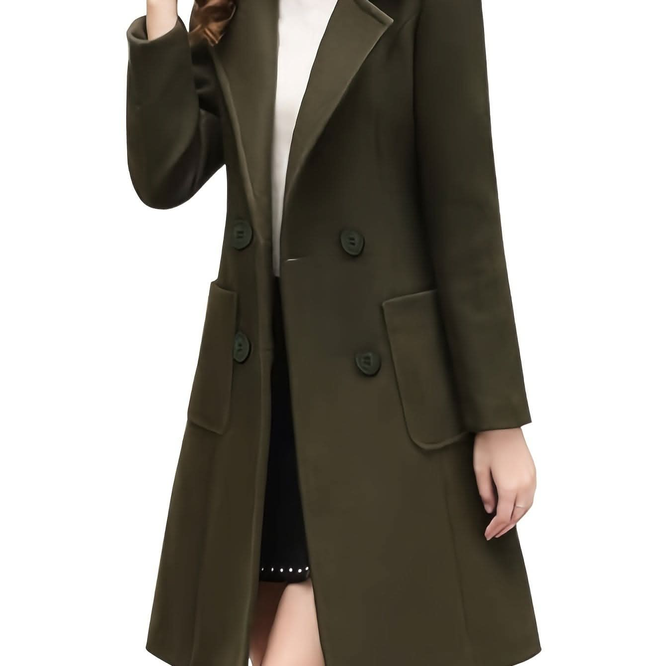 Women Winter Mid - Long Coat Notch Double - Breasted Lapel Jacket Outwear - LustMia