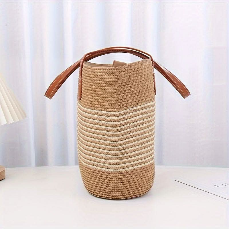 Woven Straw Tote Bag, Beach Bag With Durable Faux Leather Handles, Summer Vacation Accessory - LustMia