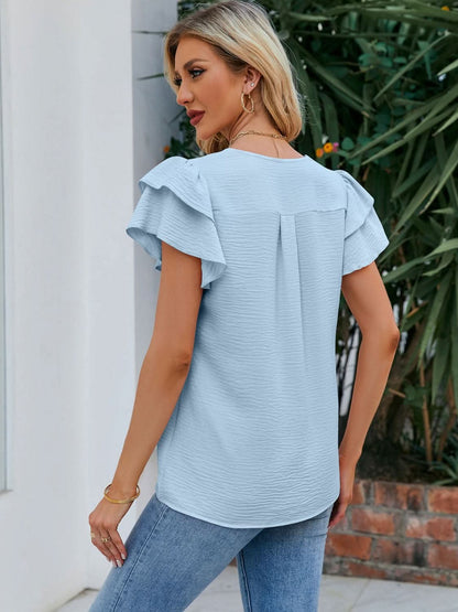 V - Neck Flounce Sleeve Blouse - LustMia