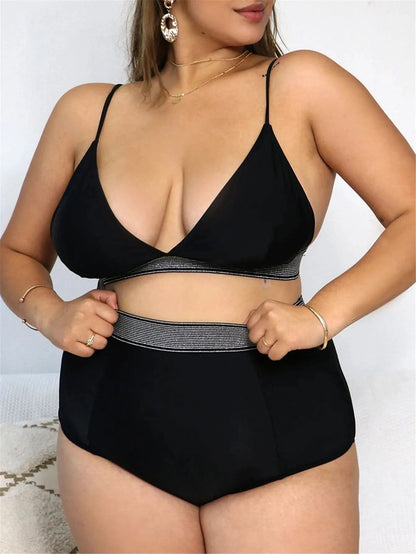 Women Plus Size Bikini Solid Color Bikini Two Piece High Waist Bikini Swimsuit Swimwear Gather Bikini Swimming Beach - LustMia