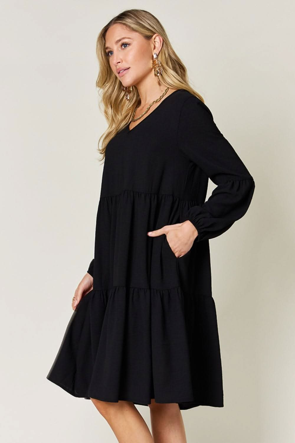 Double Take Full Size V - Neck Balloon Sleeve Tiered Dress - LustMia