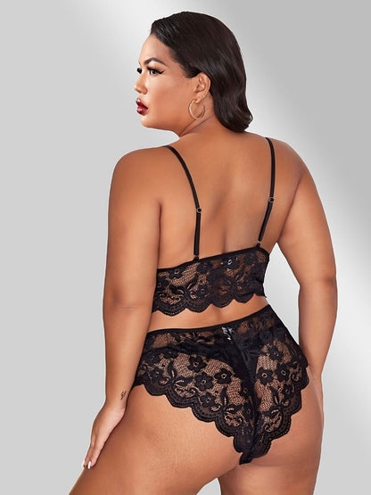 Plus Size Sexy Lingerie Set, Women's Plus Contrast Lace Trim Semi Sheer Bra & Underwear Lingerie Two Piece Set - LustMia