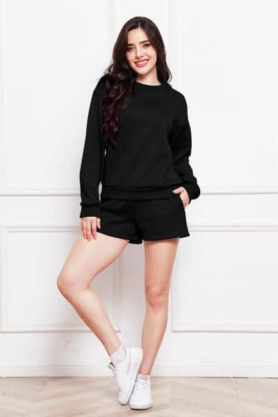 Round Neck Long Sleeve Sweatshirt and Drawstring Shorts Set - LustMia