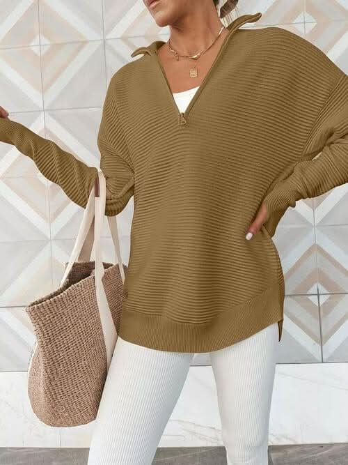 Half Zip Long Sleeve Knit Top - LustMia